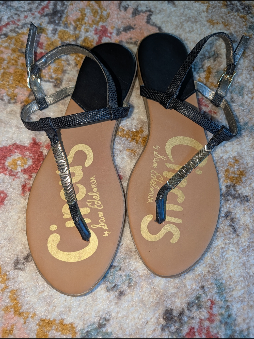 Sam Edelman Women's 9 Circus Black T-Strap Leather Sandals Metal Vacation